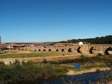 View of Hospital de Órbigo, Castile and León, Spain, with the Paso Honroso bridge in the foreground